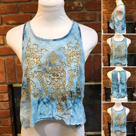 Tied Dye Embroidered Cropped BoHo Hipped Tank Top - Picture 3 of 8